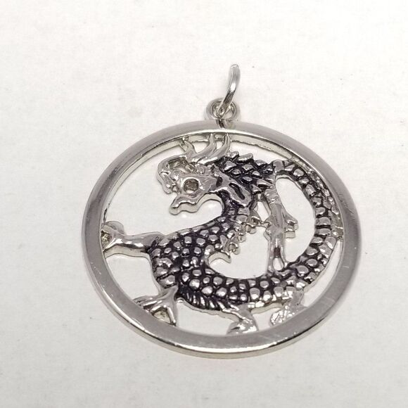Vintage Dragon Circle Shape Pendant, Silver Tone, Four Toe, Unisex Estate - Picture 5 of 5